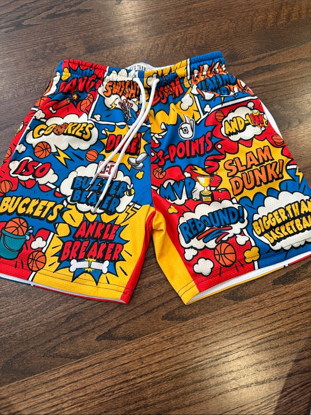 Kids Basketball Comic-Print Shorts - Red/Blue/Yellow